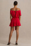 Clydie Red Satin Asymmetric Playsuit With Tie Waist