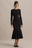 Liberty Black High Neck Mermaid Midi Dress With Ruffling Detail