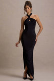 Jaiya Black Ruched Halter Neck Asymmetric Maxi Dress
