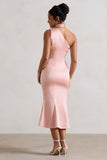 Golden Girl Blush Pink Satin One Shoulder High Neck Flared Midi Dress