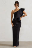 Timeless Love Black Asymmetric Draped Ruffle Maxi Dress