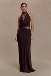 Arra Chiffon And Lace Halter Maxi Dress Cacao Brown