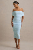 Rayleigh Powder Blue Bardot Ruched Midi Dress