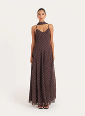 Brown Polka Dot Chiffon Scarf Detail Maxi Dress