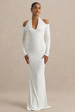 Living High White Halter Neck Maxi Dress With Long Sleeves