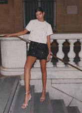 White Embellished Woven Crop T Shirt