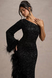 Shadow Black Sequin One Shoulder Feather Trim Maxi Dress