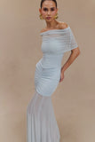 Caspian Slinky And Mesh Off Shoulder Maxi Dress Pale Blue