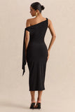 Arcelia Black Asymmetric Neck Midi Dress With Knot Sleeve Detail