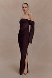 Kirsten Off Shoulder Chiffon Maxi Dress Cacao Brown