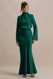 Celina Bottle Green Satin High Neck Maxi Dress