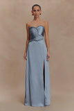 Larissa Satin Maxi Dress With Ruched Petals Frosted Blue