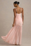 Pasqualina Pink Ruched Plunge Neck Maxi Dress