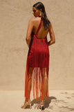 Alessia Orange Ombre Fringe High Neck Maxi Dress