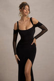 Milana Black Square Neck Draped Wrap Maxi Dress With Long Sleeves