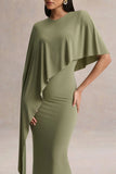 Ravena Olive Crew Neck Maxi Dress With Asymmetric Cape Sleeve