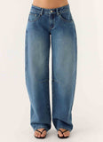 Stevie Low Rise Barrel Leg Denim Jeans Mid Wash Blue