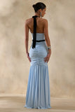 Cosmina Powder Blue Plunge Neck Maxi Dress With Bow Detail