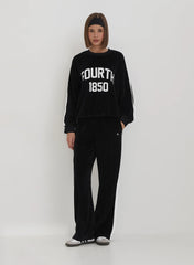 Black Velour Constrast Stripe Wide Leg Jogger