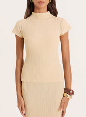 Beige Textured Fine Knit High Neck Top