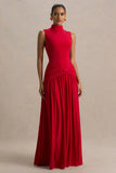 Cascade Red High Neck Maxi Dress With Twist Detail