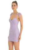 Rhinestone Lined Ruched Dress in Lavender
