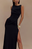 Henley Slinky Drape Maxi Dress Black