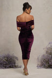 Alyssa Port Velvet Maternity Bardot Bow Maternity Midi Dress with Ruching