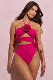 Monaco Dark Pink Halter Neck Swimsuit With Corsages
