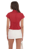 PinStripe Button Up Ruffle Top in Red