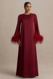 Adella Burgundy Satin Feather Trim Maxi Dress