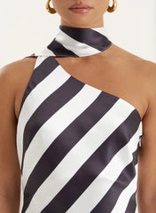 Stripe Print Satin One Shoulder Maxi Dress