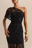 Fressia Black Lace Asymmetric Neck Maxi Dress With Draped Detailing