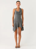 Bad Alive Halter Hanky Mini Dress Grey Marle Stripe