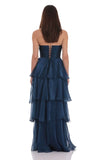 Corset Petal Ruffle Strapless Maxi Dress in Navy