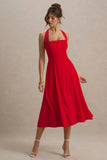 Auburn Red Halter Skater Midi Dress