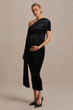 Zena Black Velvet Asymmetric Neck Maternity Midi Dress With Knot And Sash Detail