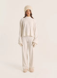 Ecru Foldover Waist Wide Leg Jersey Trousers