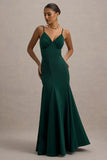 Ashly Bottle Green Satin Maxi Dress With Volume Hem