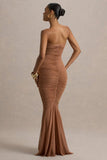 Talisa Mocha Bandeau Ruched Maxi Dress With Mesh Fishtail