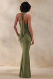 Polina Olive High Neck Maxi Dress With Drape And Gold Detail