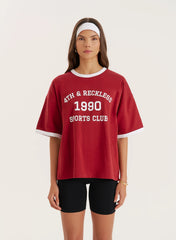 Red Contrast Trim Slogan T Shirt