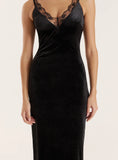 Black Velvet Lace Trim Midaxi Dress