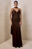 Starling Brown Matte Satin Plunge Neck Maxi Dress With Scarf Detail