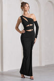 Carlina Black Ruched One Shoulder Cut Out Split Maxi Dress