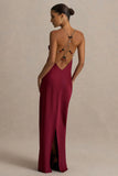 Cher Burgundy Satin Square Neck Maxi Dress With Embellished Detailed Open Back