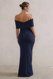 Eva Navy Bardot Bow Detail Maxi Dress With Thigh Split