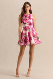 Waverly Pink Rose Print Racer Neck Sleeveless Skater Mini Dress