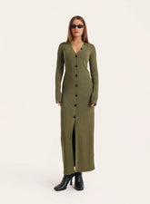 Olive V Neck Knitted Maxi Dress