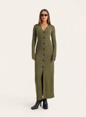 Olive V Neck Knitted Maxi Dress